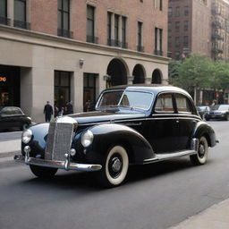 Visualize a classic 1940s Mercedes-Benz with its elegant silhouette, iconic star emblem, chrome accents, parked along a bustling cityscape