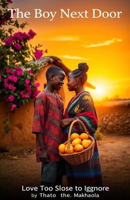 A rural African village at sunset, featuring a boy and girl standing close together, gazing at each other tenderly