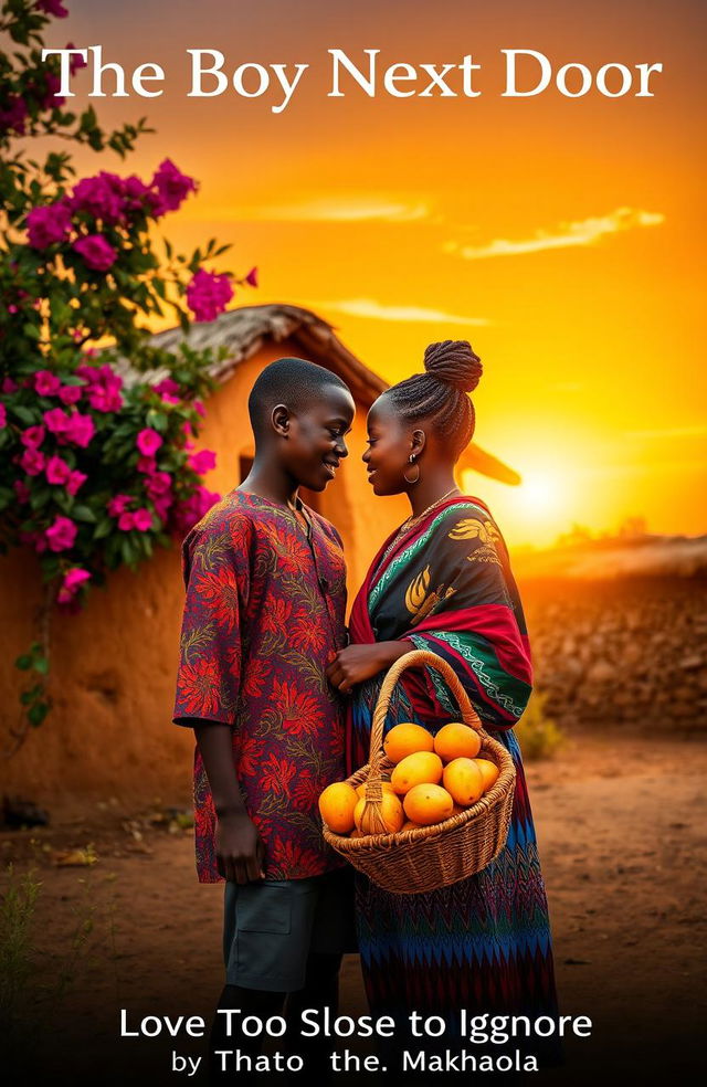 A rural African village at sunset, featuring a boy and girl standing close together, gazing at each other tenderly