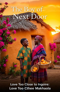 A rural African village at sunset, featuring a boy and girl standing close together, gazing at each other tenderly