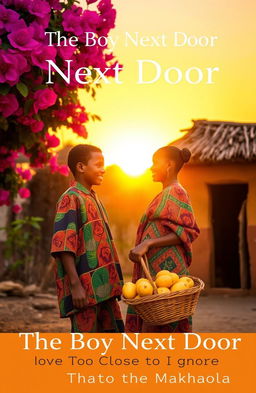 A rural African village at sunset, featuring a boy and girl standing close together, gazing at each other tenderly