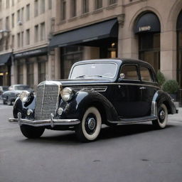 Visualize a classic 1940s Mercedes-Benz with its elegant silhouette, iconic star emblem, chrome accents, parked along a bustling cityscape