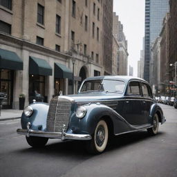 Visualize a classic 1940s Mercedes-Benz with its elegant silhouette, iconic star emblem, chrome accents, parked along a bustling cityscape