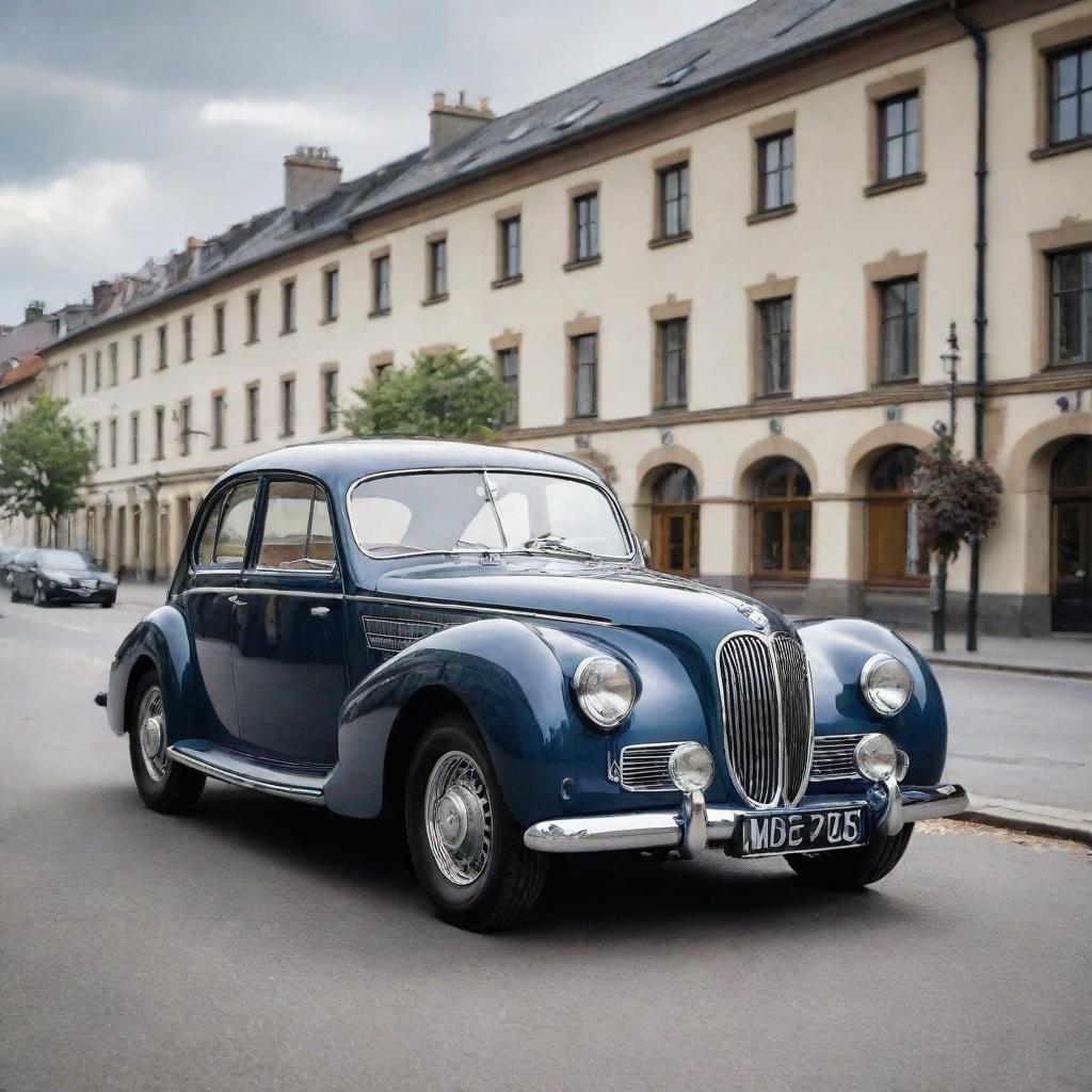 Picture a classic, 1940s-styled BMW with shiny chrome details, iconic kidney grille, and sleek linework, set against a backdrop of a historic German town