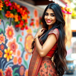 A beautiful South Asian woman with long dark hair, wearing traditional attire that accentuates her curves, standing confidently