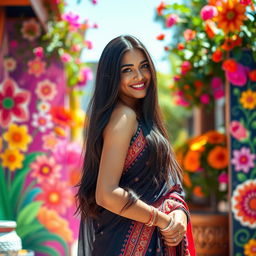 A beautiful South Asian woman with long dark hair, wearing traditional attire that accentuates her curves, standing confidently