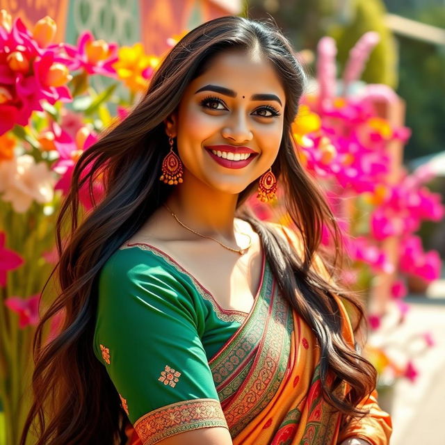 A beautiful South Asian woman with long dark hair, wearing traditional attire that accentuates her curves, standing confidently