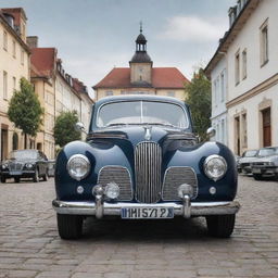 Picture a classic, 1940s-styled BMW with shiny chrome details, iconic kidney grille, and sleek linework, set against a backdrop of a historic German town