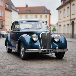 Picture a classic, 1940s-styled BMW with shiny chrome details, iconic kidney grille, and sleek linework, set against a backdrop of a historic German town