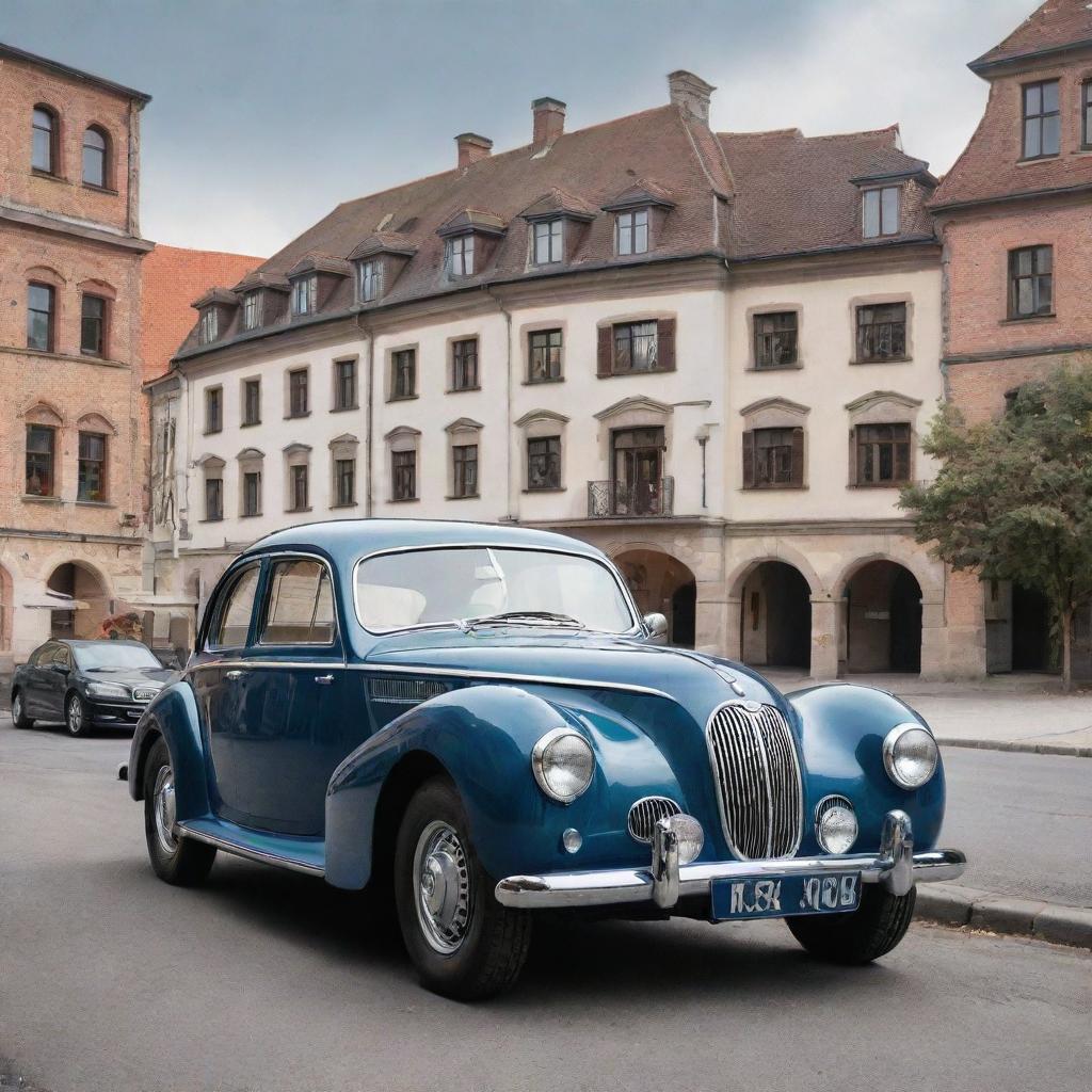 Picture a classic, 1940s-styled BMW with shiny chrome details, iconic kidney grille, and sleek linework, set against a backdrop of a historic German town