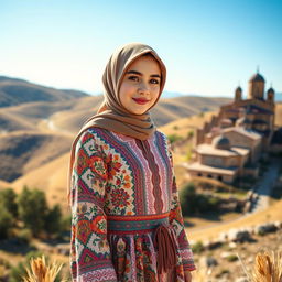 A charming Armenian hijabi girl, elegantly dressed in a modern interpretation of traditional Armenian attire, featuring a colorful patterned dress that incorporates elements like intricate embroidery and lace