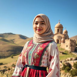 A charming Armenian hijabi girl, elegantly dressed in a modern interpretation of traditional Armenian attire, featuring a colorful patterned dress that incorporates elements like intricate embroidery and lace