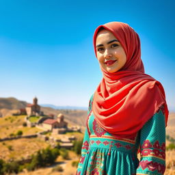 A charming Armenian hijabi girl, elegantly dressed in a modern interpretation of traditional Armenian attire, featuring a colorful patterned dress that incorporates elements like intricate embroidery and lace