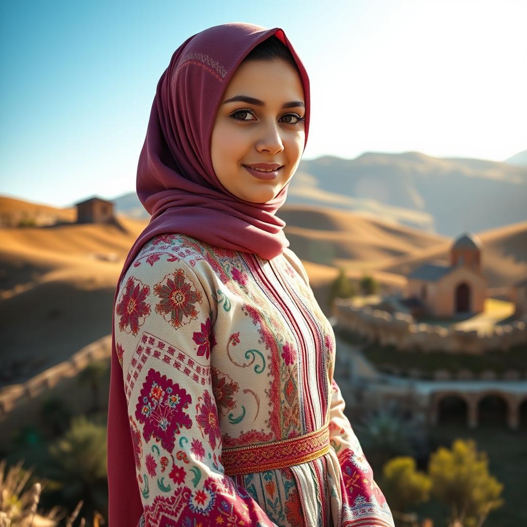 A charming Armenian hijabi girl, elegantly dressed in a modern interpretation of traditional Armenian attire, featuring a colorful patterned dress that incorporates elements like intricate embroidery and lace