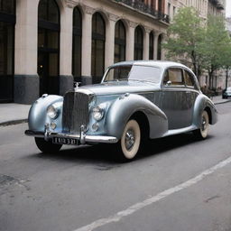 Imagine a Bentley reimagined in 1940s style, exuding grandeur through its distinct rounded shape, gleaming hood ornament, and polished chrome details, located on the streets of an elegant city