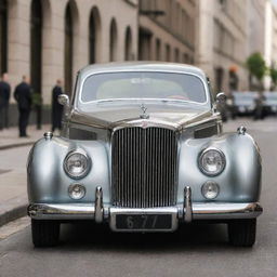 Imagine a Bentley reimagined in 1940s style, exuding grandeur through its distinct rounded shape, gleaming hood ornament, and polished chrome details, located on the streets of an elegant city