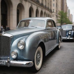 Imagine a Bentley reimagined in 1940s style, exuding grandeur through its distinct rounded shape, gleaming hood ornament, and polished chrome details, located on the streets of an elegant city