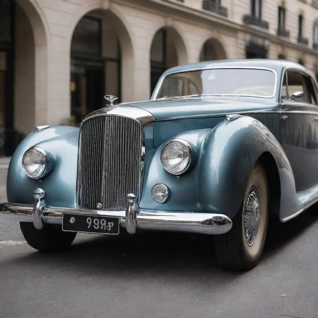 Imagine a Bentley reimagined in 1940s style, exuding grandeur through its distinct rounded shape, gleaming hood ornament, and polished chrome details, located on the streets of an elegant city