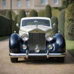 Envision a posh 1940s Rolls-Royce with its imposing grille, distinctive hood ornament, sleek lines and glossed paintwork, stationed elegantly outside a classic English manor