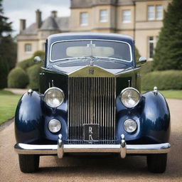 Envision a posh 1940s Rolls-Royce with its imposing grille, distinctive hood ornament, sleek lines and glossed paintwork, stationed elegantly outside a classic English manor