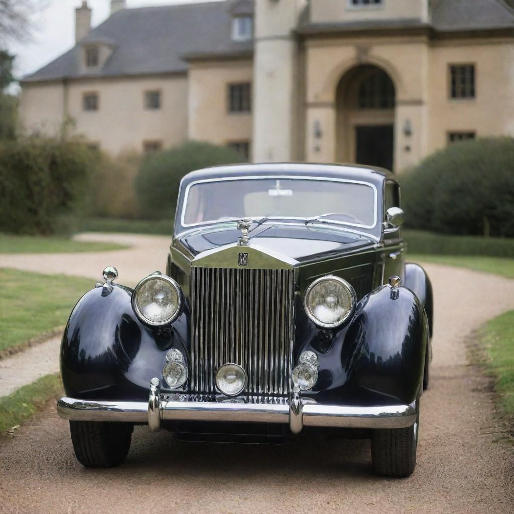 Envision a posh 1940s Rolls-Royce with its imposing grille, distinctive hood ornament, sleek lines and glossed paintwork, stationed elegantly outside a classic English manor