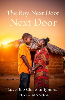 At sunset in a rural African village, a boy and girl stand close together, holding hands and gazing into each other's eyes