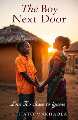 At sunset in a rural African village, a boy and girl stand close together, holding hands and gazing into each other's eyes