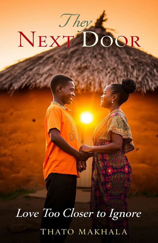 At sunset in a rural African village, a boy and girl stand close together, holding hands and gazing into each other's eyes