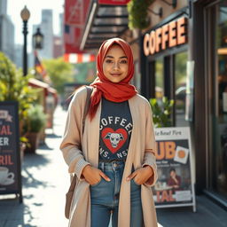 A fashionable American hijabi girl, wearing a trendy outfit that blends modern styles with cultural elements