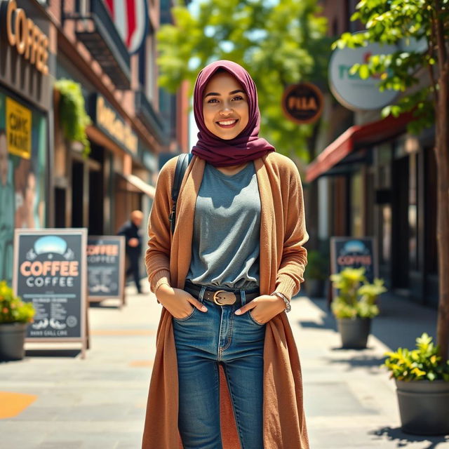 A fashionable American hijabi girl, wearing a trendy outfit that blends modern styles with cultural elements