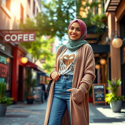 A fashionable American hijabi girl, wearing a trendy outfit that blends modern styles with cultural elements