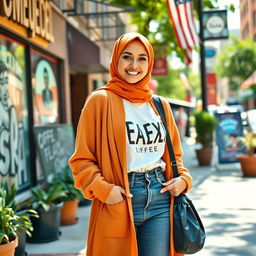 A fashionable American hijabi girl, wearing a trendy outfit that blends modern styles with cultural elements