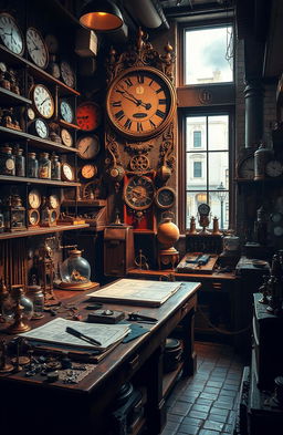 An intricate steampunk clockmaker's workshop filled with vintage tools and myriad clocks of various designs