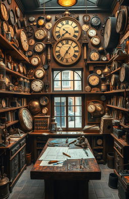 An intricate steampunk clockmaker's workshop filled with vintage tools and myriad clocks of various designs