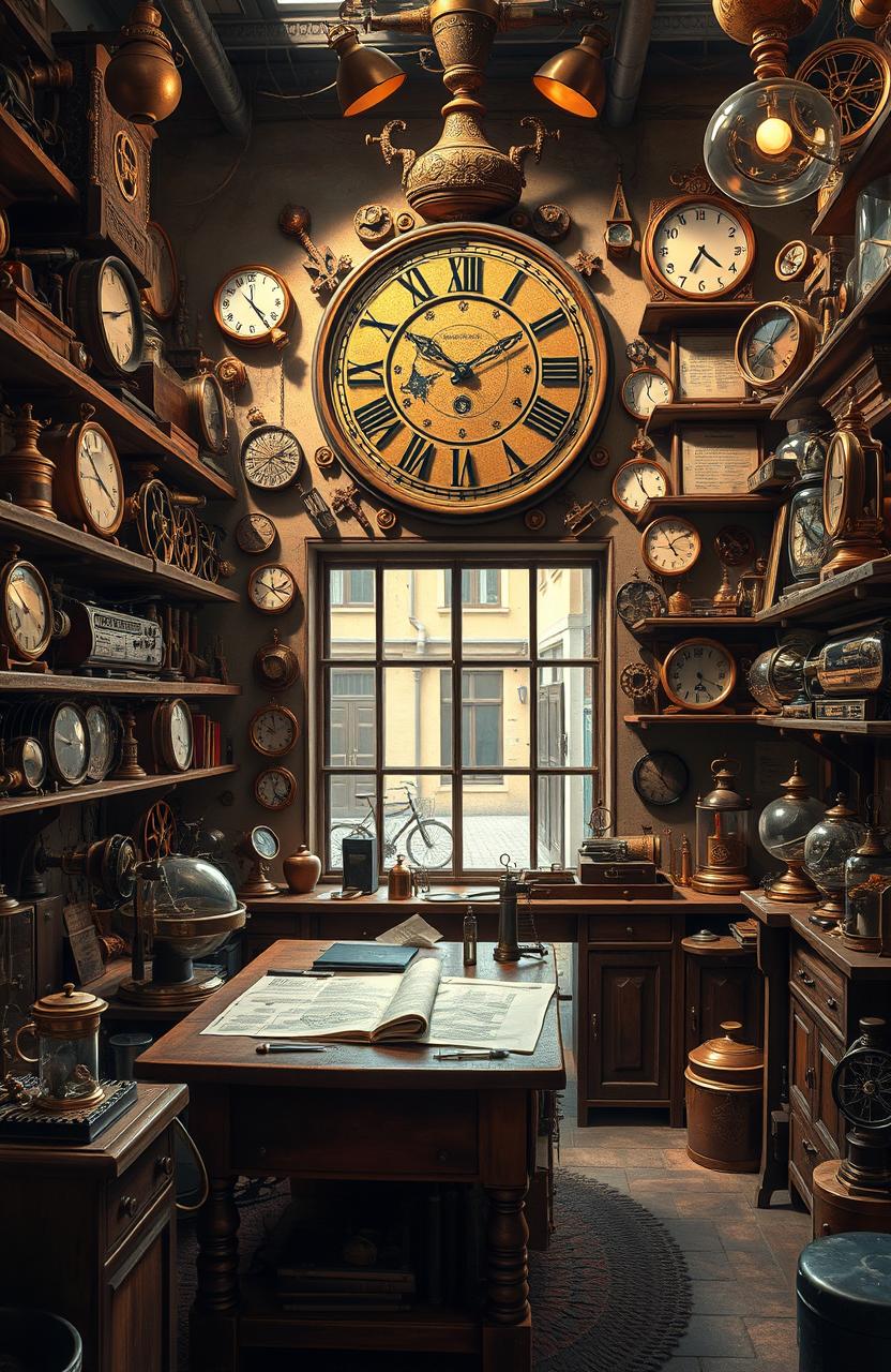 An intricate steampunk clockmaker's workshop filled with vintage tools and myriad clocks of various designs