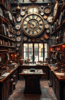 An intricate steampunk clockmaker's workshop filled with vintage tools and myriad clocks of various designs
