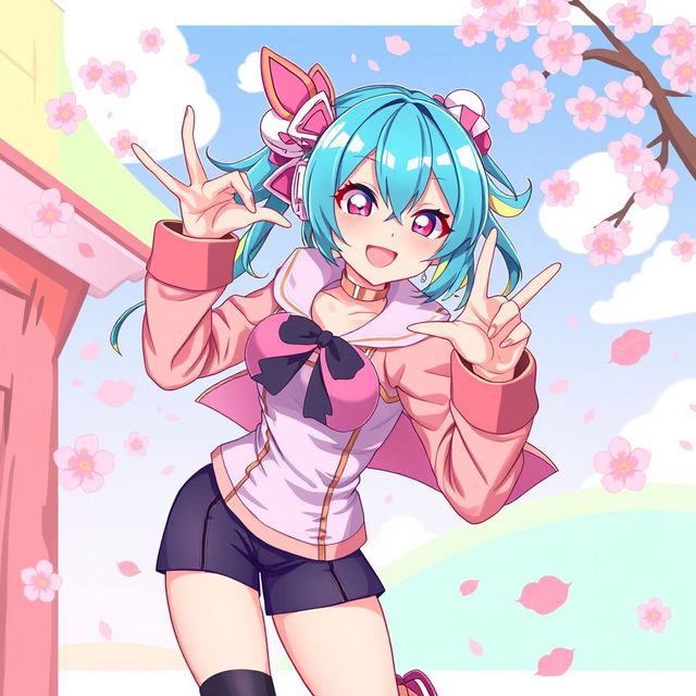 A vibrant anime-style illustration of a confident woman with colorful hair and expressive eyes, playfully posing in a dynamic and energetic manner