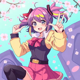 A vibrant anime-style illustration of a confident woman with colorful hair and expressive eyes, playfully posing in a dynamic and energetic manner