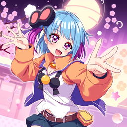 A vibrant anime-style illustration of a confident woman with colorful hair and expressive eyes, playfully posing in a dynamic and energetic manner