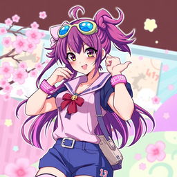 A vibrant anime-style illustration of a confident woman with colorful hair and expressive eyes, playfully posing in a dynamic and energetic manner