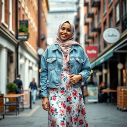 A stylish UK hijabi girl, confidently showcasing her modern fashion sense