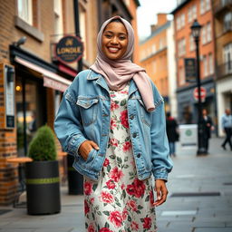 A stylish UK hijabi girl, confidently showcasing her modern fashion sense