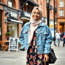 A stylish UK hijabi girl, confidently showcasing her modern fashion sense