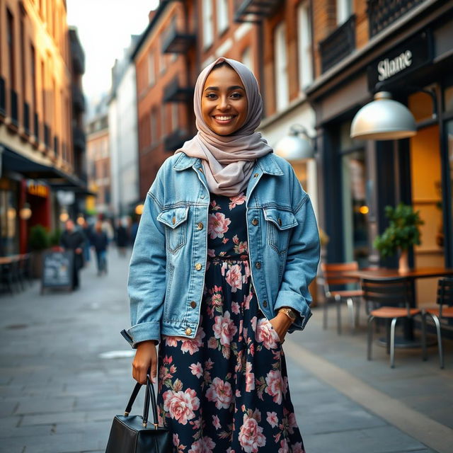 A stylish UK hijabi girl, confidently showcasing her modern fashion sense