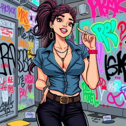 A stylish illustration of a confident woman in a fashionable outfit, playfully posing with a cheeky expression