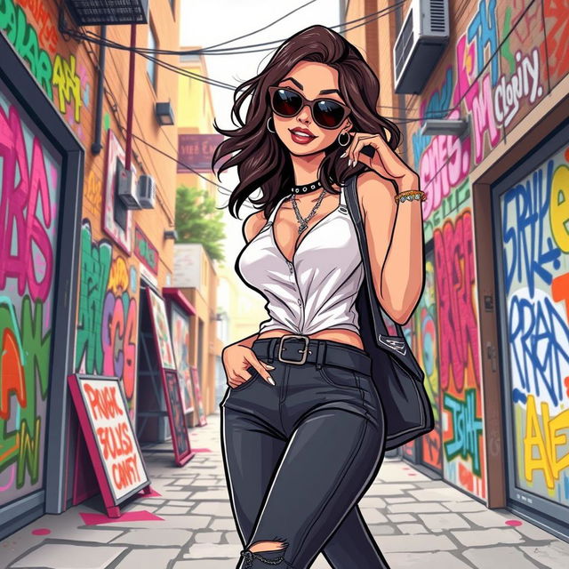 A stylish illustration of a confident woman in a fashionable outfit, playfully posing with a cheeky expression