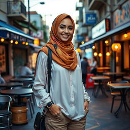 A confident Israeli hijabi girl, showcasing her unique style with a modern twist on traditional attire