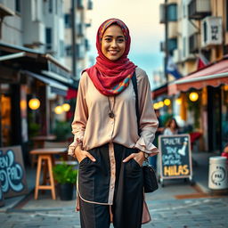 A confident Israeli hijabi girl, showcasing her unique style with a modern twist on traditional attire