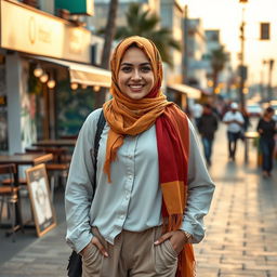 A confident Israeli hijabi girl, showcasing her unique style with a modern twist on traditional attire