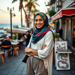 A confident Israeli hijabi girl, showcasing her unique style with a modern twist on traditional attire
